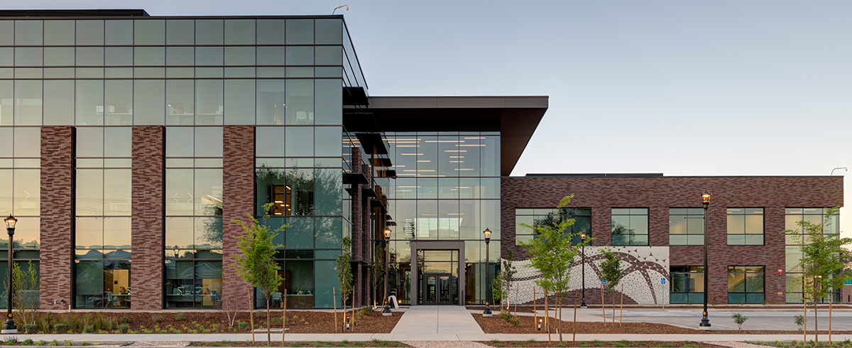 A building with glass windows.