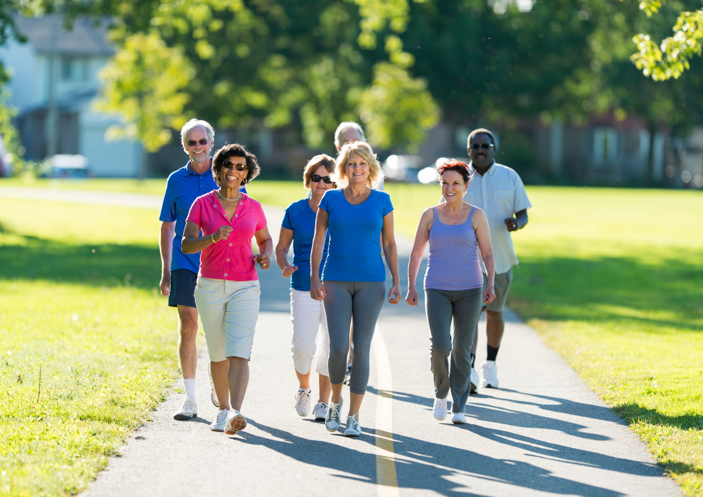 A group of people walking on a path.