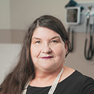 Angela Breidenbach with long hair.