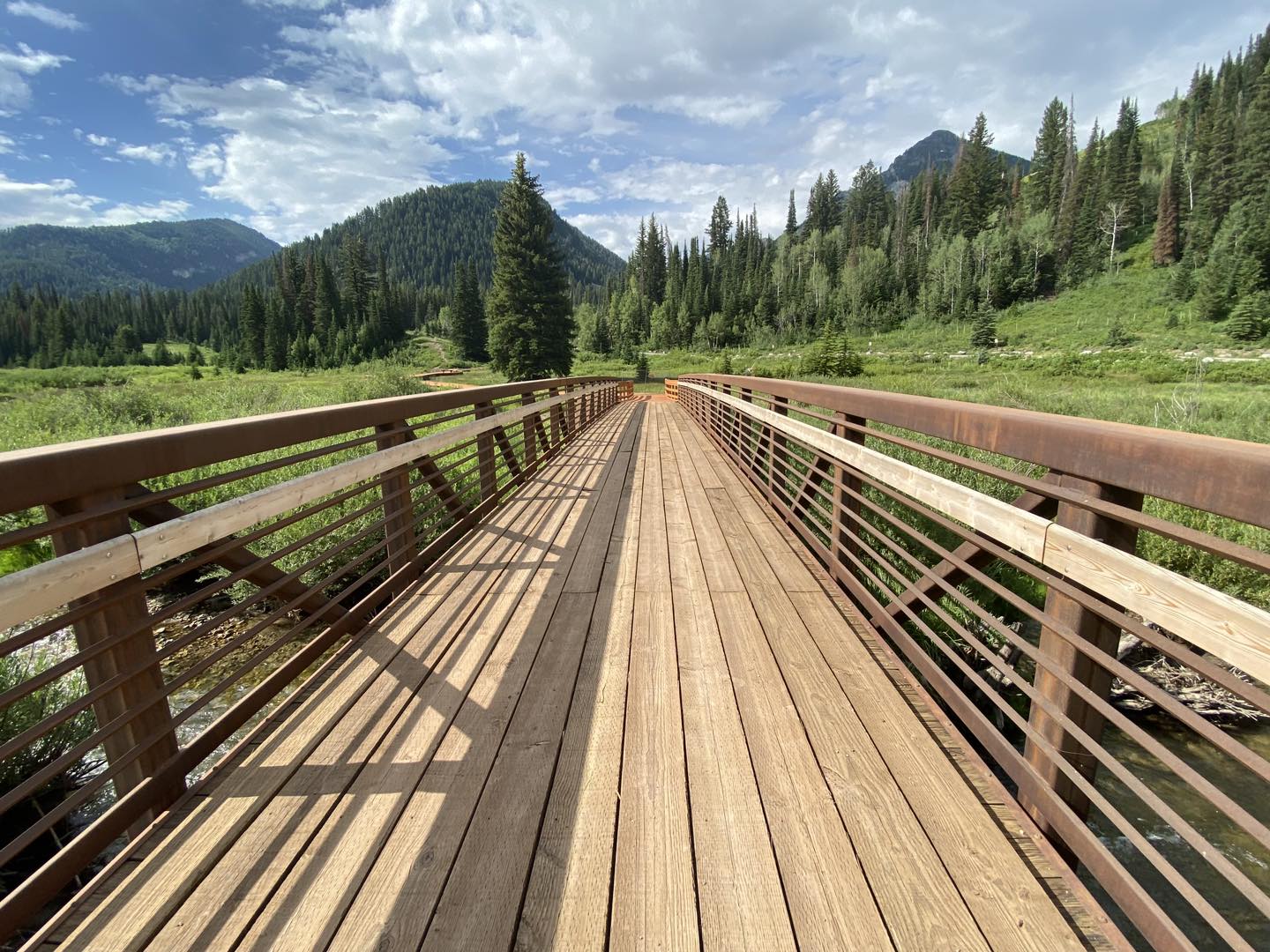 A wooden bridge over a river.