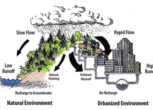 Slow Flow Low Runoff Rapid Flow No Recharge Higl Runt Natural Cleaning Recharge to Groundwater Natural Environment Pollutant Wash off Urbanized Environment