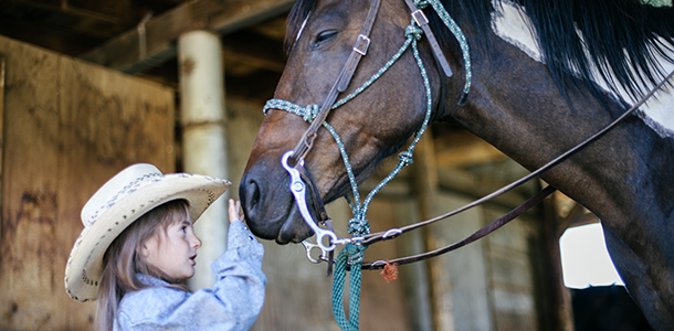 A girl in a blue shirt and hat petting a brown horse.