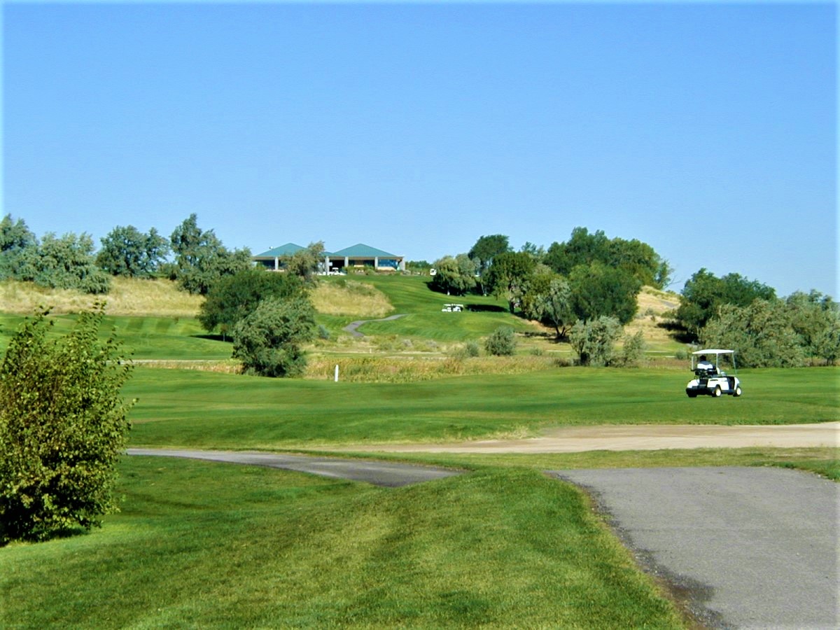 A golf cart driving on a golf course.